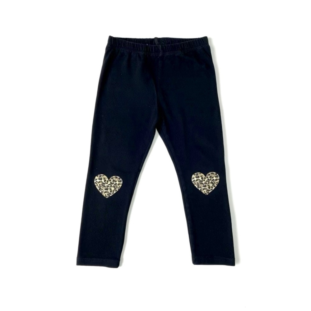 Girls Black Leggings with Animal Print Leopard Heart Accents